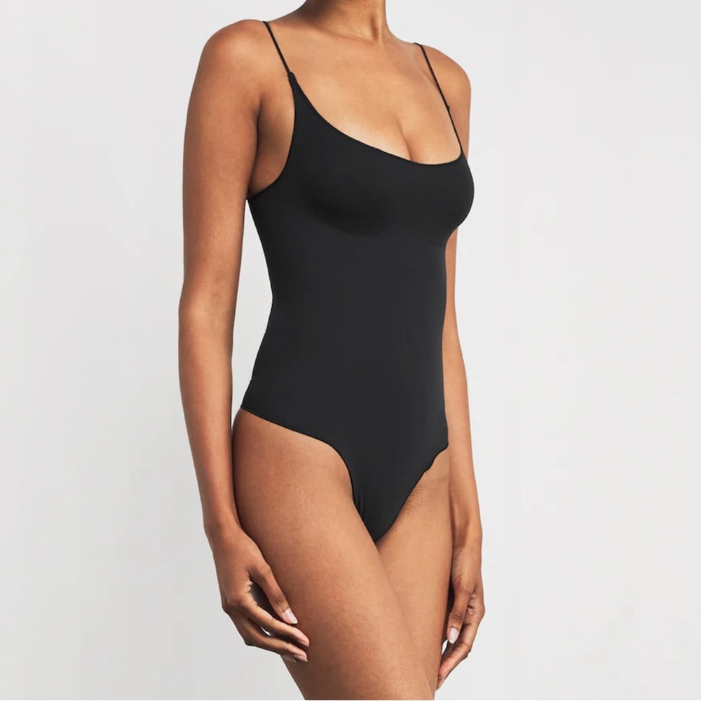 SKIMS Sheer Seamless Thong Bodysuit in Onyx
